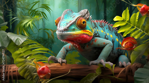 Lizard sits on wooden branch in jungle. Exotic animal crawls among plants. Colorful lizard looks at screen