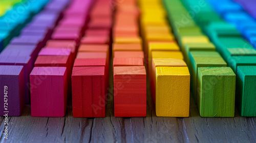 Vibrant wooden blocks in an array of rainbow colors  textured surface.