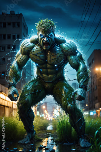 wild mutant muscle man in an abandoned cyberpunk, city covered with buildings in the background