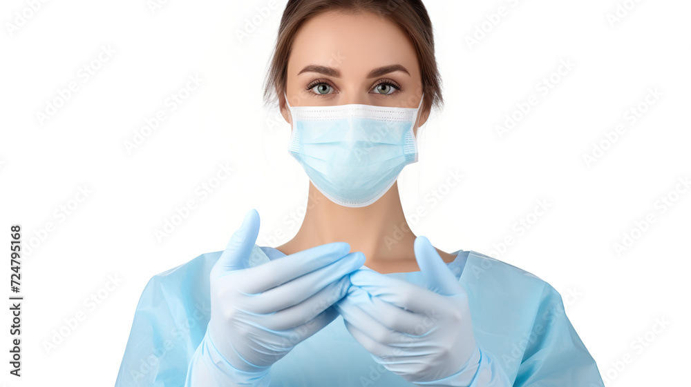 Isolated against a stark white background is a medical doctor nurse wearing latex gloves. Isolated against a stark white background is a medical doctor nurse wearing latex gloves.