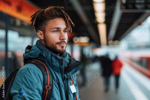 A free-spirited man with wild dreadlocks carries his trusty backpack while navigating the bustling city streets, exuding a cool and carefree vibe as he makes his way to catch the train