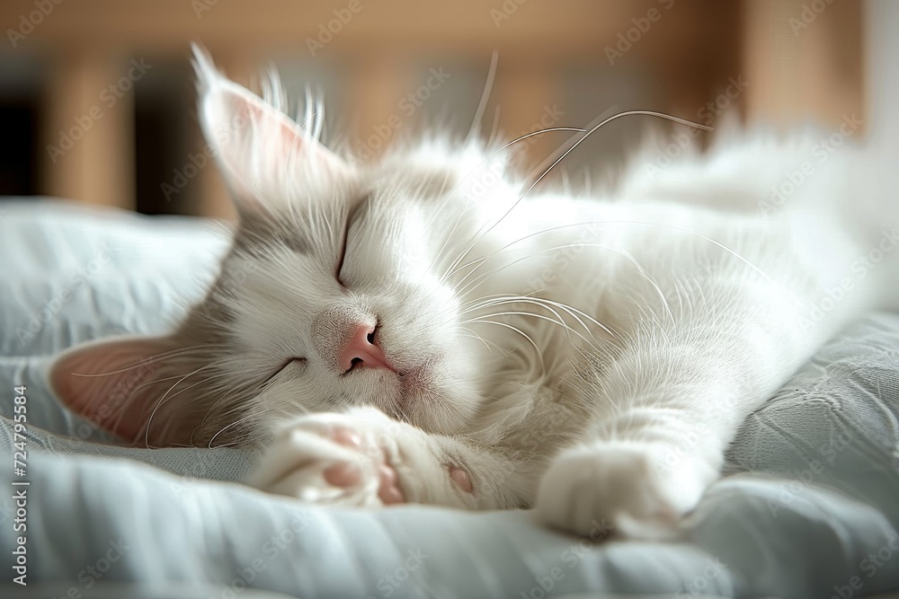 A peaceful feline slumbers soundly on a soft, cozy blanket, its delicate whiskers twitching in contentment as it dreams of playful kitten adventures