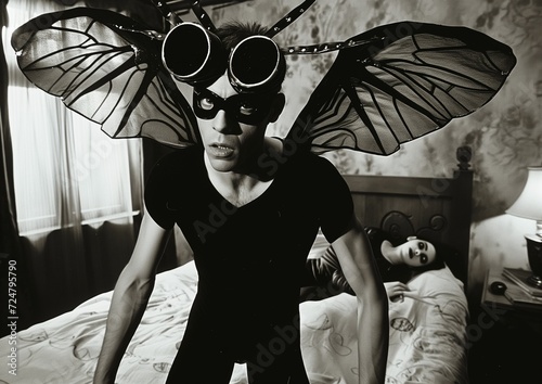Portrait in black and white of a man with mosquito or other insect costume, black wings and mask, standing in front of a bed where a woman is lying, old vintage bedroom, strange bizarre nap atmosphere