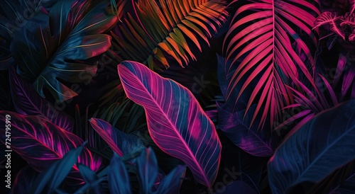 Tropical leaves and monstera plants illuminated in striking neon hues.