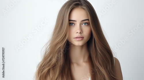 Long-haired, attractive girl posing in a studio, isolated against a stark white background