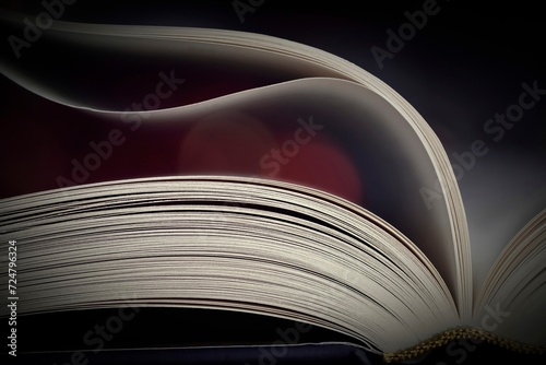 A close-up of book pages with red and dark background
