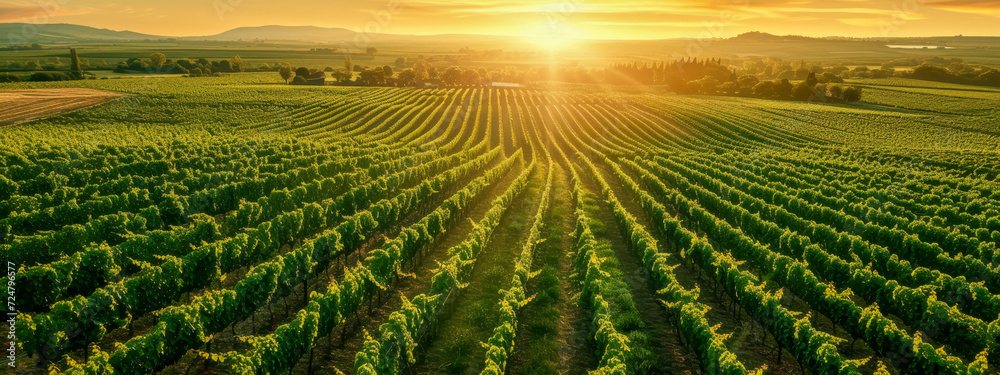 Sunset over vineyard rows with beautiful light flare.
Sunset over vineyard rows with beautiful light flare.