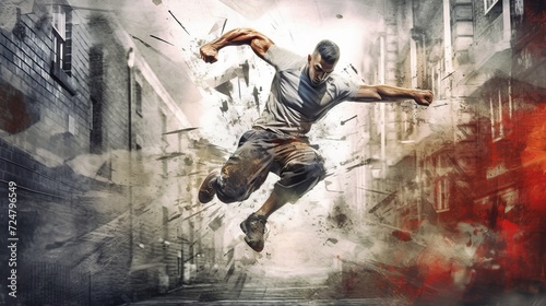 An energetic and dynamic illustration of a man performing an element of breakdancing and parkour with movements and flashes of light. Concept: youth cultural events, sports equipment. Grunge style
 photo