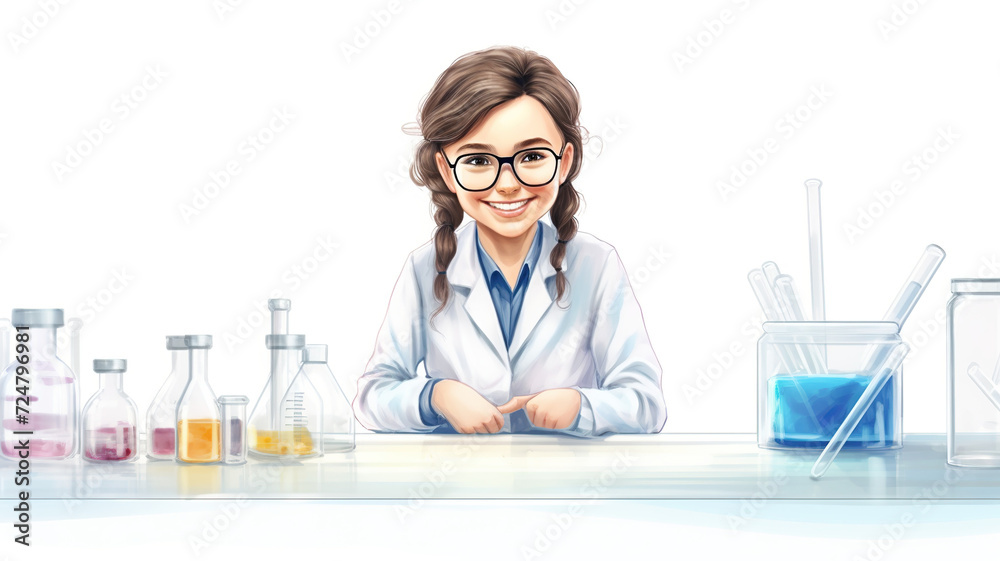 A contented student in a lab, alone on a blank white background A contented student in a lab, alone on a blank white background