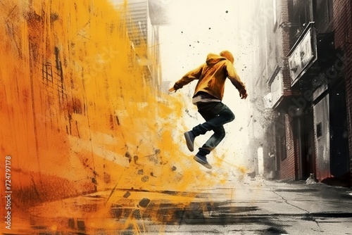 An energetic and dynamic illustration of a man performing an element of breakdancing and parkour with movements and flashes of light. Concept: youth cultural events, sports equipment. Grunge style
 photo