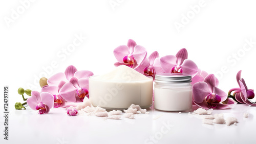 Spa items isolated on a white background featuring orchids