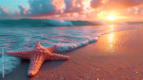 Beach with starfish and sunshine background