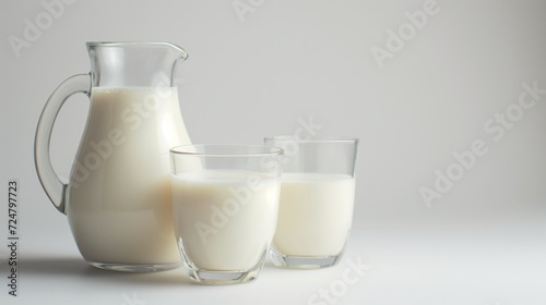 Milk jug and glasses isolated white background.