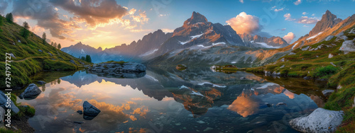 Alpine scenery with a mirror-like lake during sunrise. 