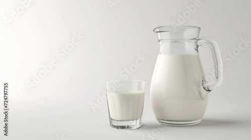 Milk jug and glass isolated white background.
