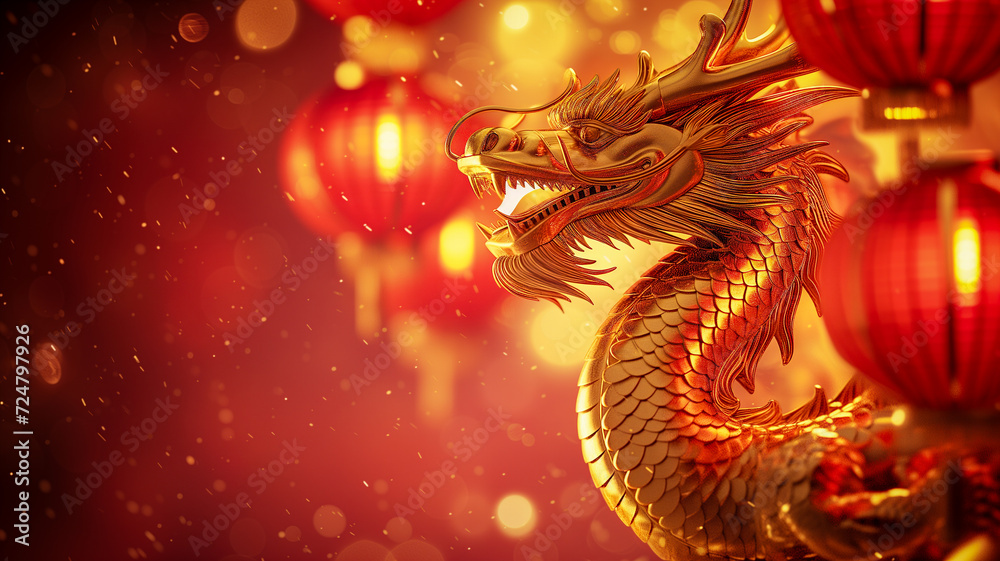 Golden chinese dragon and chinese lantern on red background, Red chinese dragon pattern on red background, New Year abstract greeting backdrop with copy space. Design for poster, card, banner. Golden chinese dragon and chinese lantern on red background, Red chinese dragon pattern on red background, New Year abstract greeting backdrop with copy space. Design for poster, card, banner.