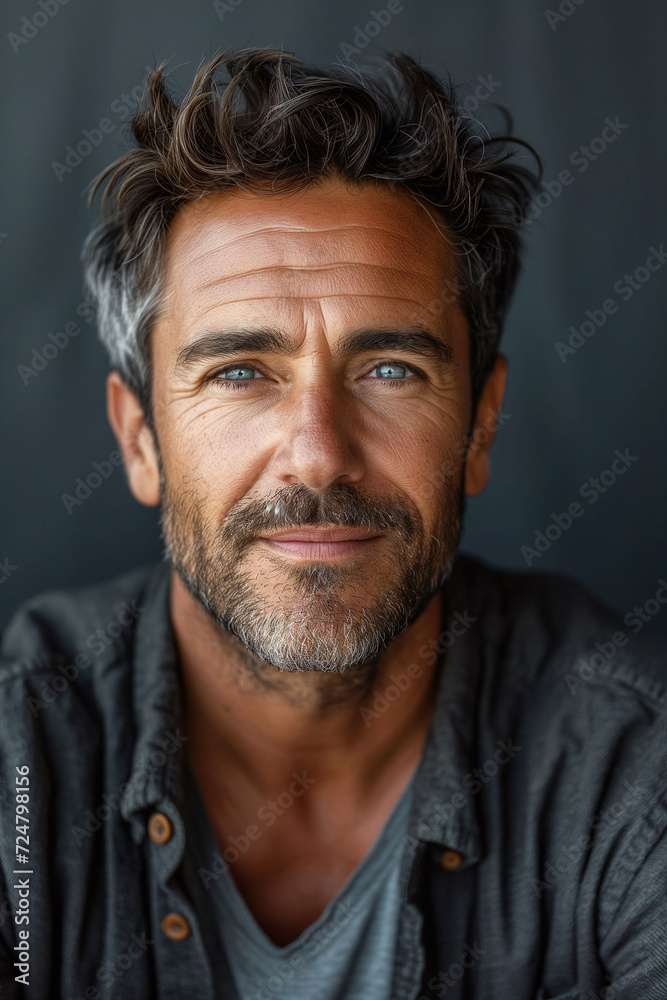 A confident and handsome  man with a friendly smile, captured in a close-up portrait in a studio setting