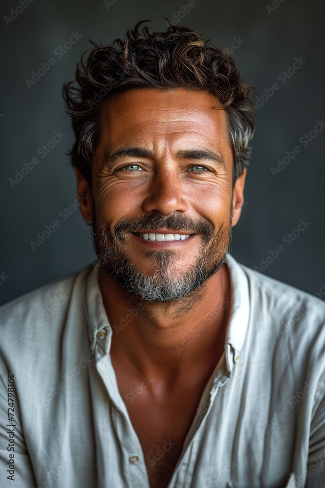 A confident and handsome man with a friendly smile, captured in a close-up portrait in a studio setting A confident and handsome man with a friendly smile, captured in a close-up portrait in a studio setting