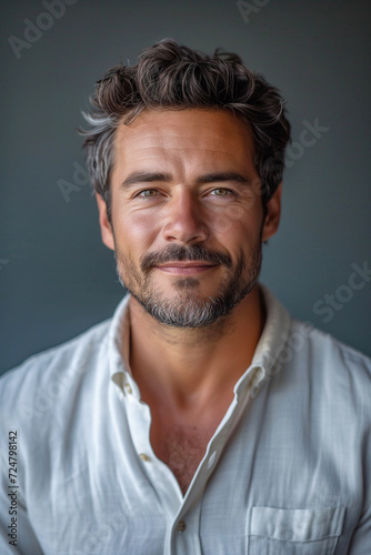 A confident and handsome man with a friendly smile, captured in a close-up portrait in a studio setting