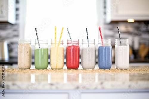 line of different colored shakes on kitchen counter