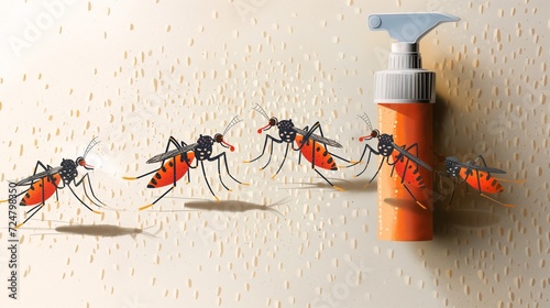 Drawing of insecticide product in a spray container with mosquitoes around it, symbol of the mosquito-borne illnesses and their prevention, illustration of pest hazards and protection, flying insects 