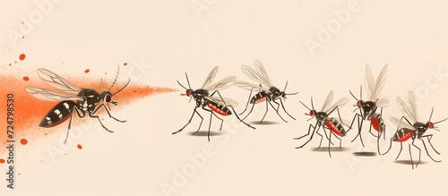 Drawing of mosquitoes on white with orange spray, cartoon illustration of mosquito repellent, hand-made drawing, insect silhouette with long legs, antennae, big eyes and transparent wings, pest issue photo