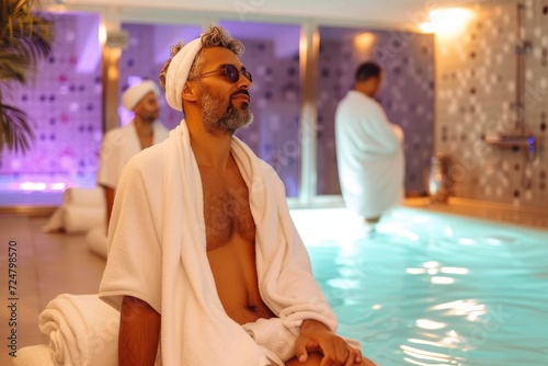 A groom takes a solitary moment in an indoor pool, his wedding attire reflecting off the water's surface as he contemplates the weight of his impending marriage against the stark white walls and smoo photo