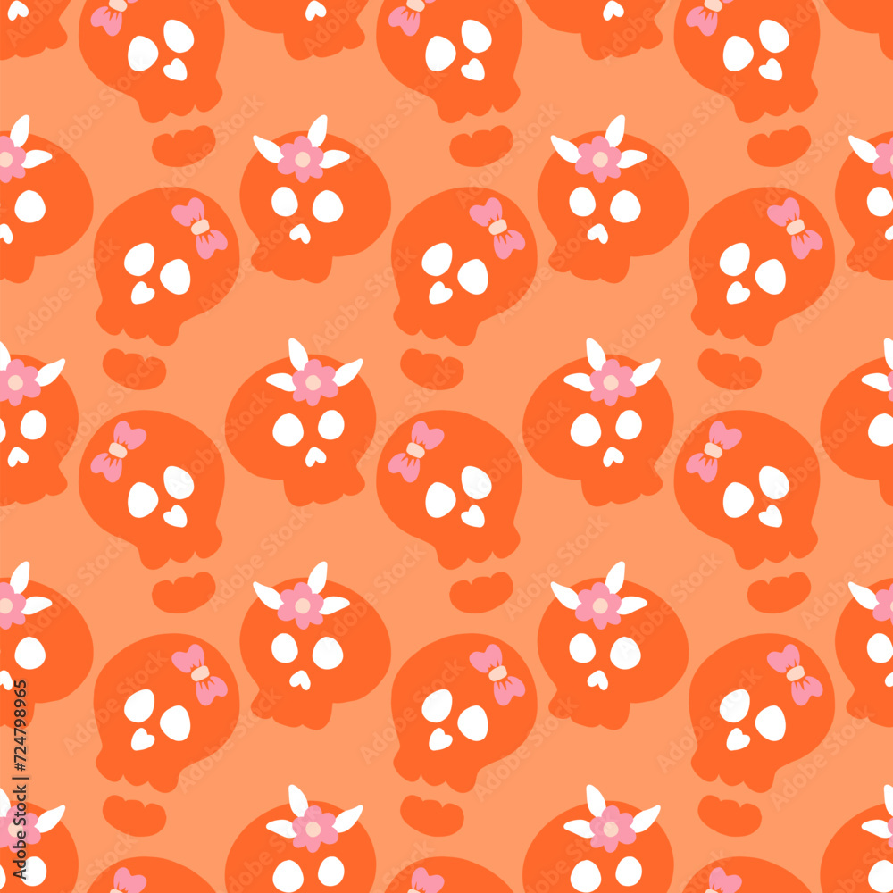 Obraz premium Orange Monochrome Skulls with Flowers Vector Seamless Pattern