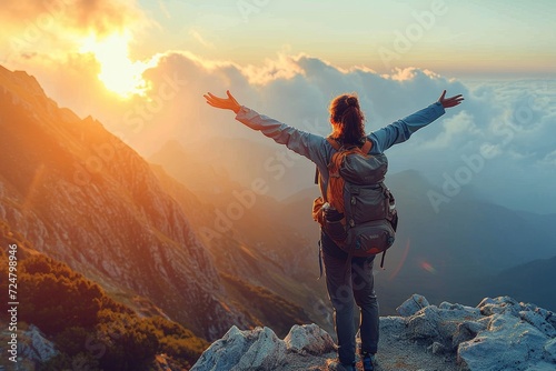 A majestic woman embraces the beauty of nature atop a misty mountain, her arms reaching towards the heavens as the sun rises and sets in the vibrant sky
