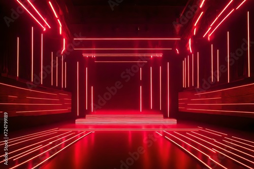 Craft a visual of a product stage bathed in red light, where a 3D display adds depth and allure to the luxury items on the podium