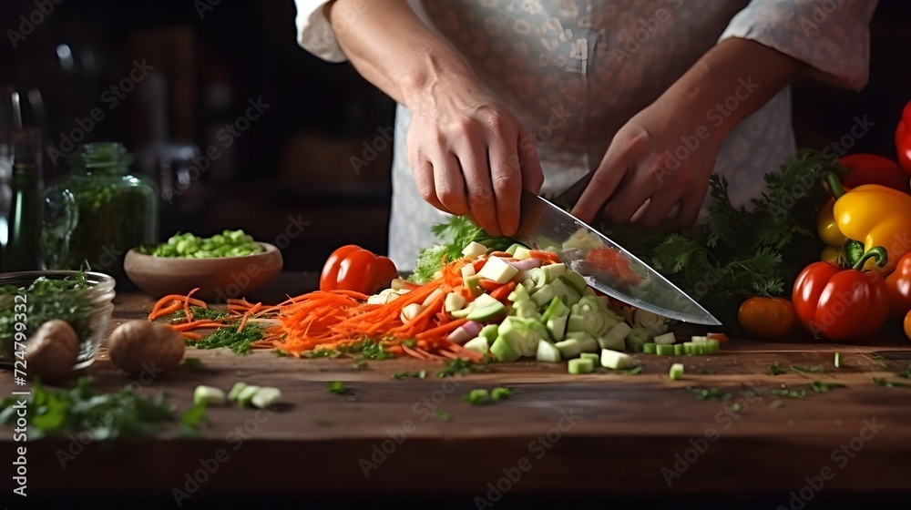 Closeup of hands of chef cook cutting vegetables on wooden table