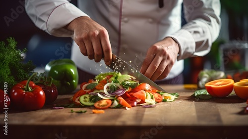 Closeup of hands of chef cook cutting vegetables on wooden table