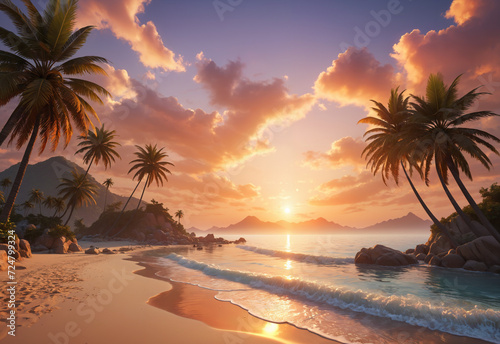 a painting of a sunset on a tropical beach with palm trees and a beach with a sandy coast and some small waves  a matte painting