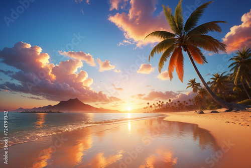 a painting of a sunset on a tropical beach with palm trees and a beach with a sandy coast and some small waves, a matte painting