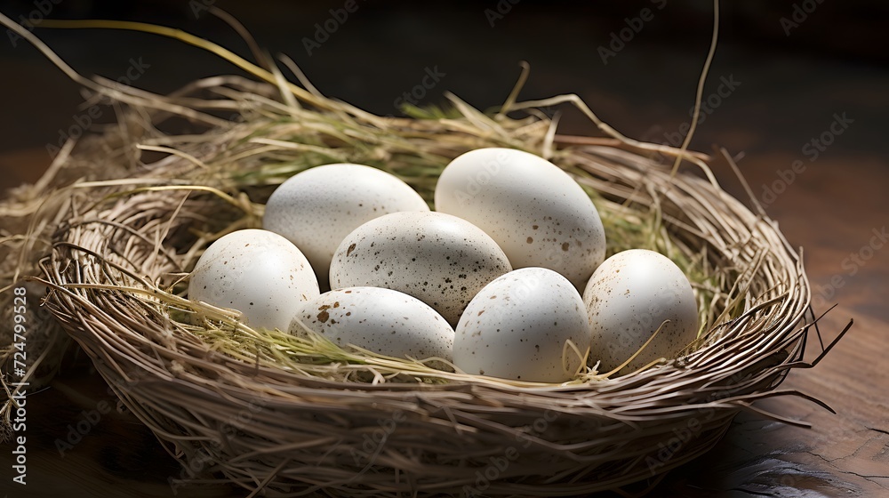 Duck eggs in basket isolated.