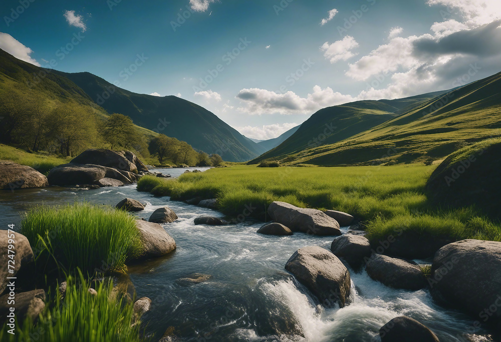 river water flow through rocks, green grass, hills, blue sky, sunrise, clouds