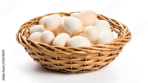 Duck eggs in basket isolated.