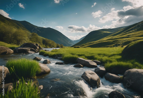river water flow through rocks, green grass, hills, blue sky, sunrise, clouds