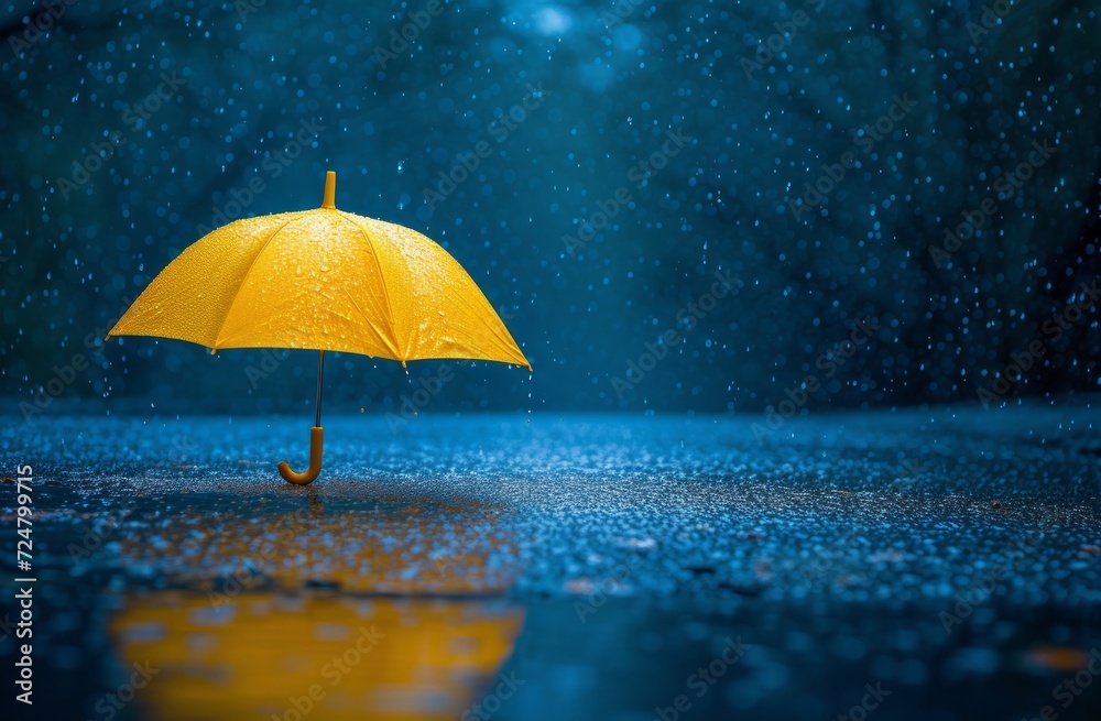 a yellow umbrella is sitting in rain