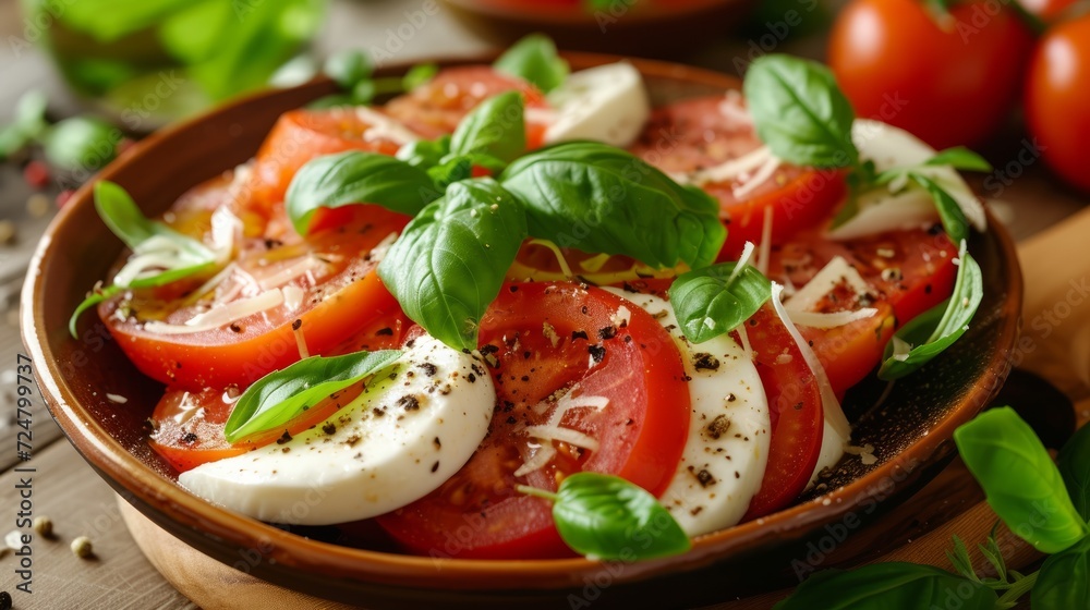 Salad of sliced tomatoes, mozzarella and basil leaves Salad of sliced tomatoes, mozzarella and basil leaves