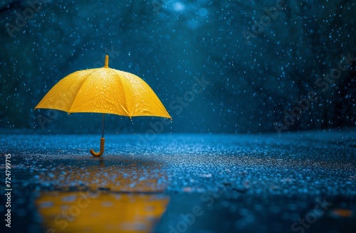 a yellow umbrella is sitting in rain