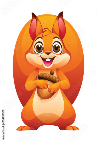 Cute squirrel holding acorn. Vector cartoon illustration isolated on white background