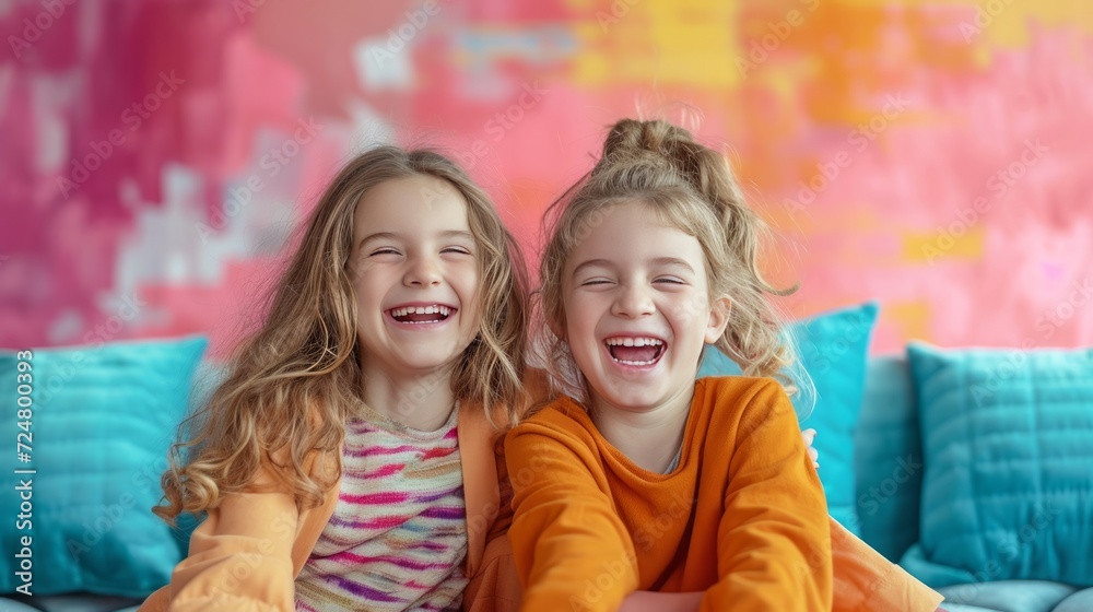 Two young girls laugh and have fun while sitting on a bright sofa in a modern room Two young girls laugh and have fun while sitting on a bright sofa in a modern room