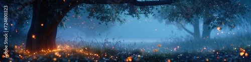 Virtual fireflies illuminate a serene digital night photo