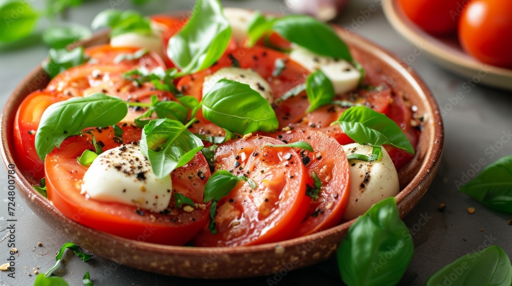 Salad of sliced tomatoes, mozzarella and basil leaves Salad of sliced tomatoes, mozzarella and basil leaves