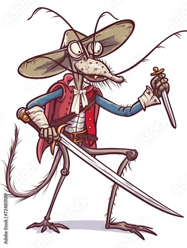 Mosquito cartoon caricature holding stinger sword and dagger knife, drawing of a stinging or biting insect isolated on white background, a plague and a pest to ruin summer nights and let you sleepless