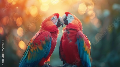 a pair of parrots kiss each other