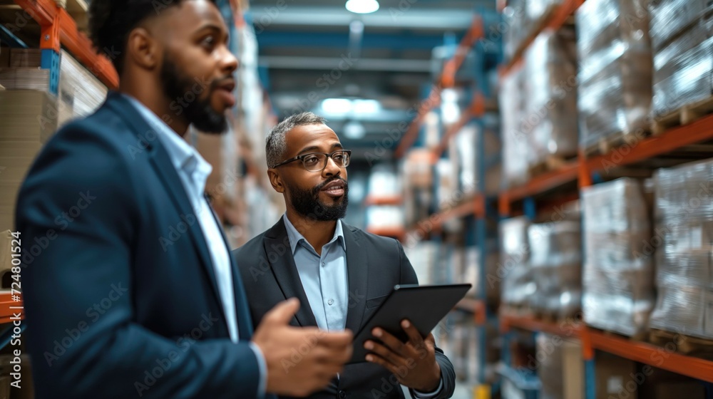 Close up diverse black african american male manager in light warehouse distribution logistic centre holding tablet - obrazy, fototapety, plakaty 