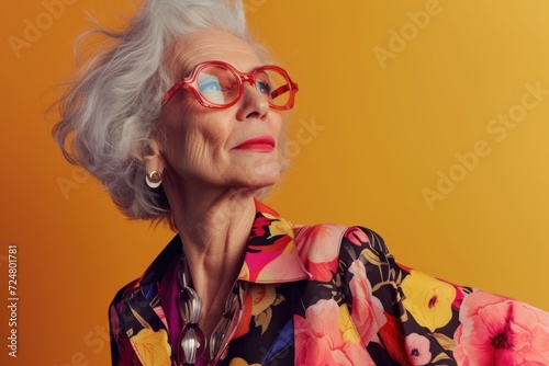 Fashionable Senior Woman in Vibrant Silk Attire. An elegant senior lady poses confidently in colorful silk clothes with stylish sunglasses and statement jewelry, against a concrete wall.