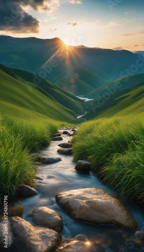 river water flow through rocks, green grass, hills, blue sky, sunrise, clouds